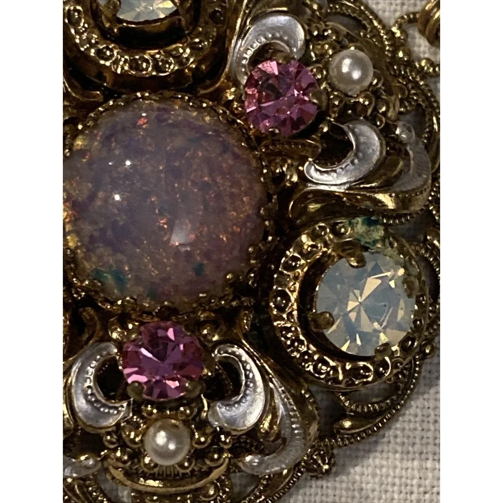 Vintage West Germany Glassfoiled Opal Necklace Moonstone‎ Rhinestones Filigree